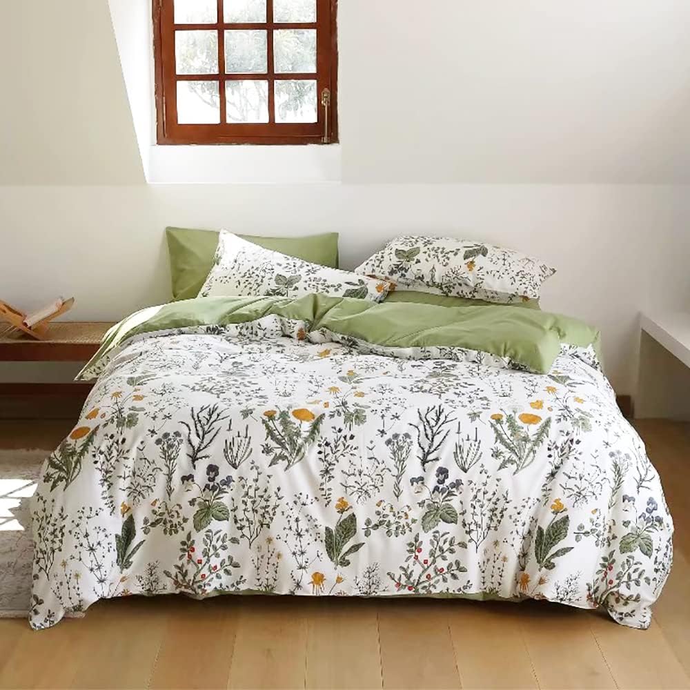 KAREVER Botanical Comforter Set King White and Sage Green Floral