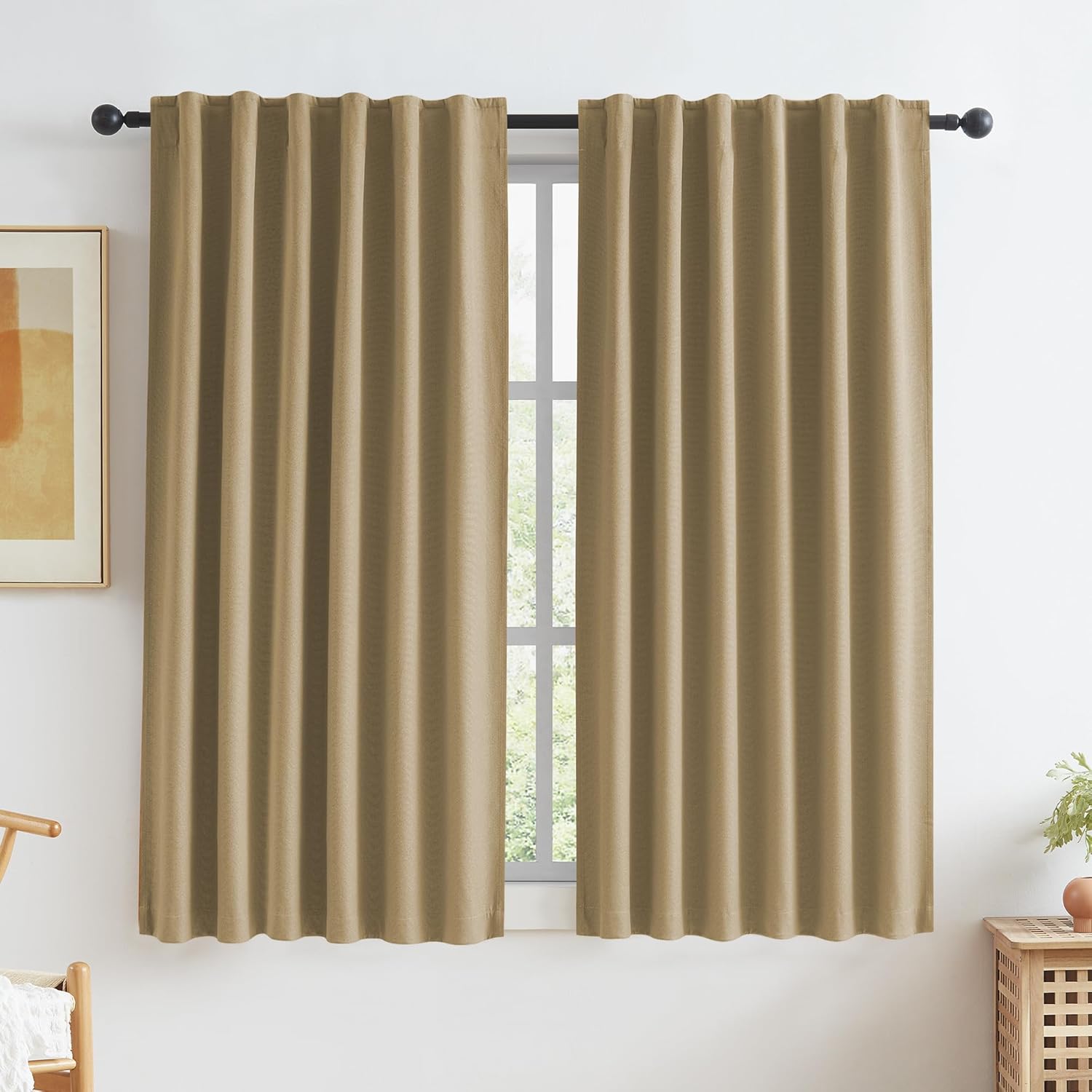 Burlap Linen Blackout Curtains for Bedroom - 63 Inches Long