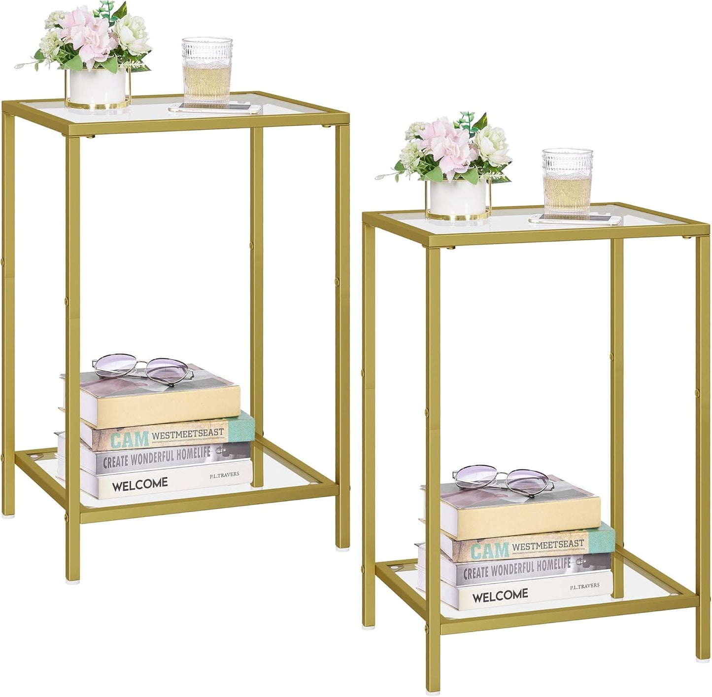 Modern 2-Tier Glass Side Tables Set, Golden - Stylish Storage & Decor Solution