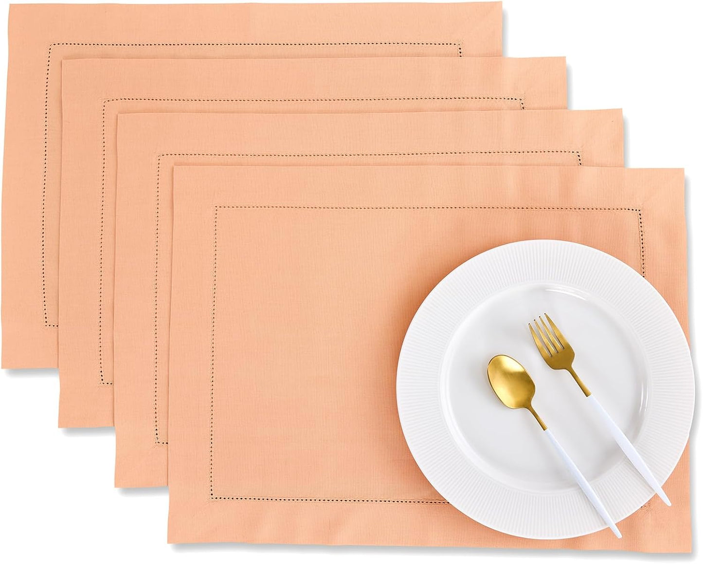 Cotton Linen Placemats Set of 4 - Hemstitch Peach Bloom Style