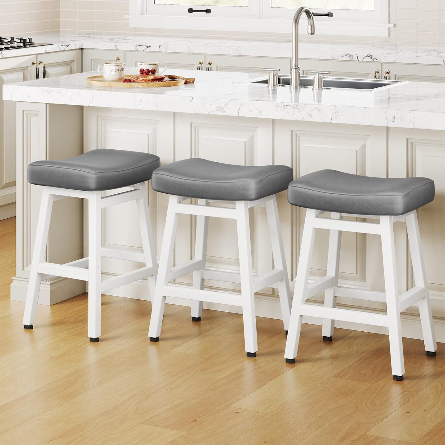 Counter Height Bar Stools Set of 3 with Saddle Seats and Metal Legs
