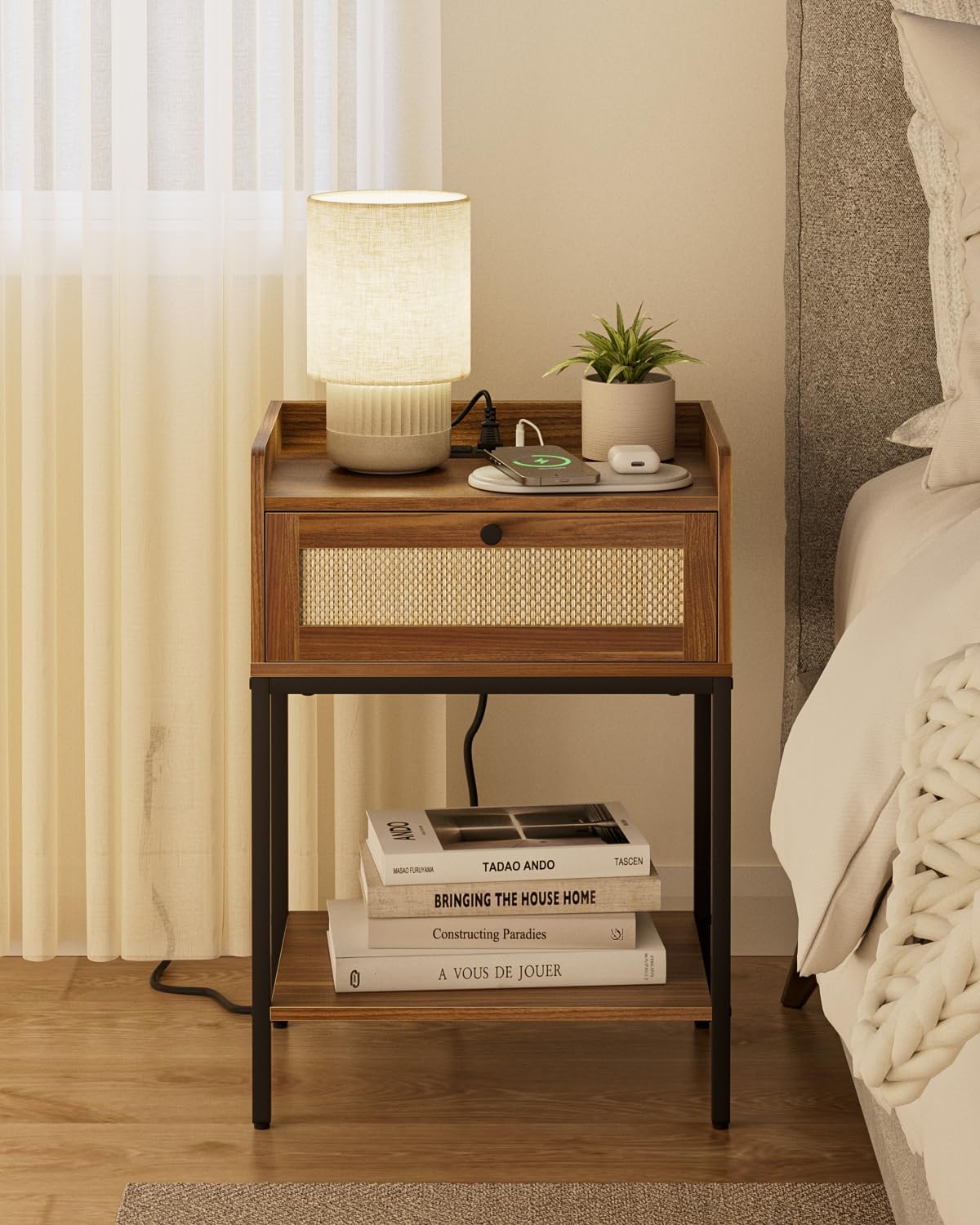 Masupu Nightstand with Charging Station for Modern Bedrooms