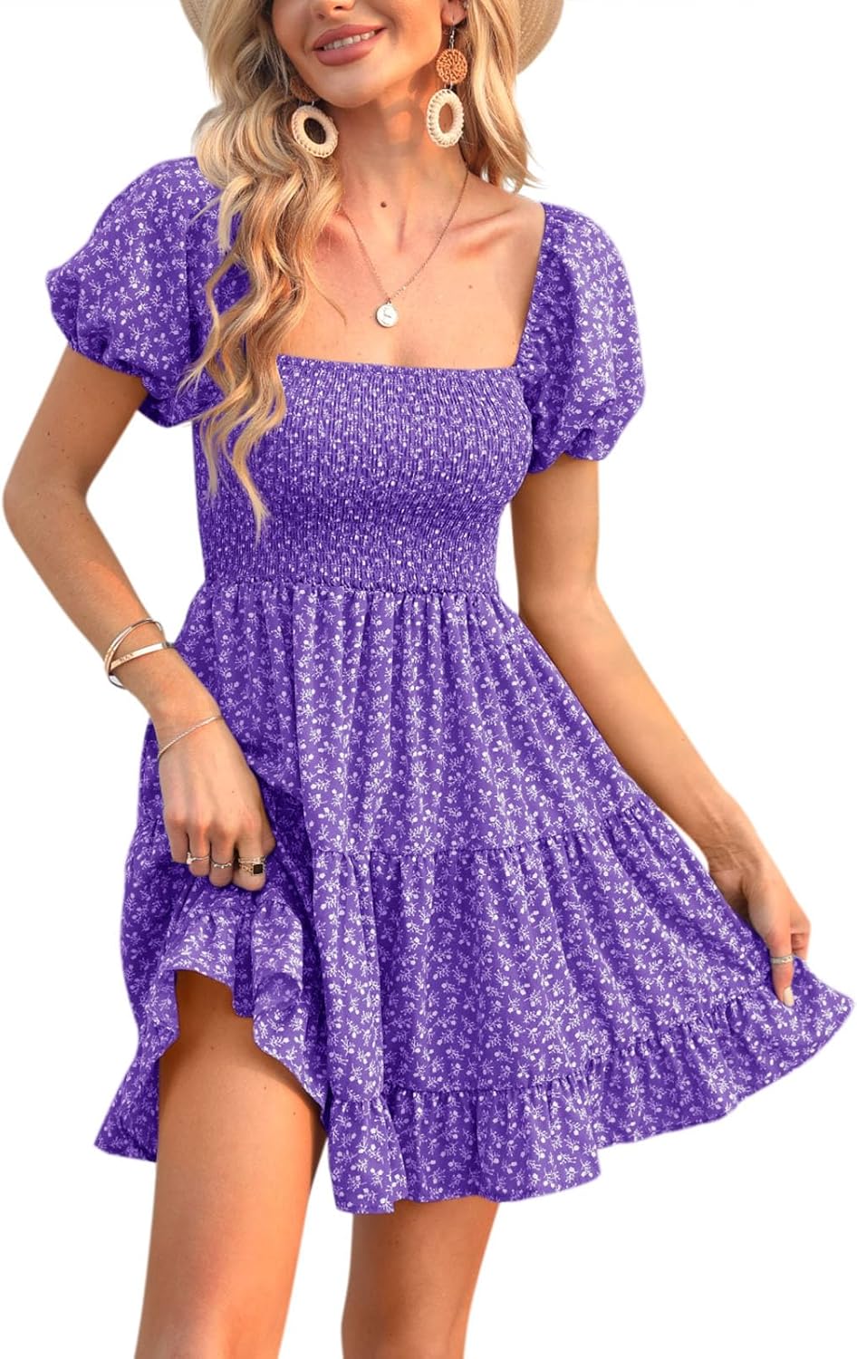Veatzaer Women's Puff Sleeve Square Neck Smocked Dress for Summer