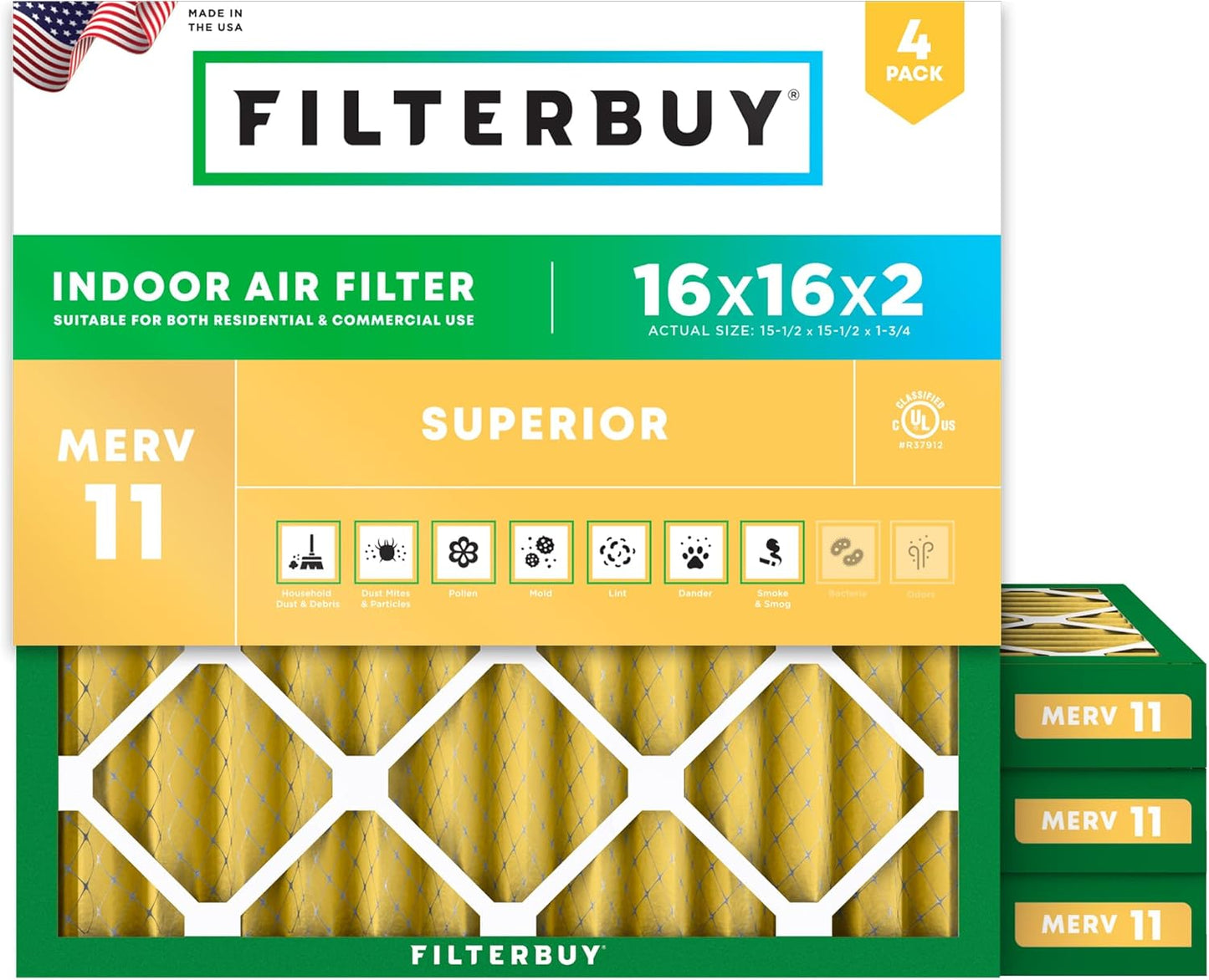 Filterbuy 16x16x2 Air Filter MERV 11 for Pet & Allergy Defense