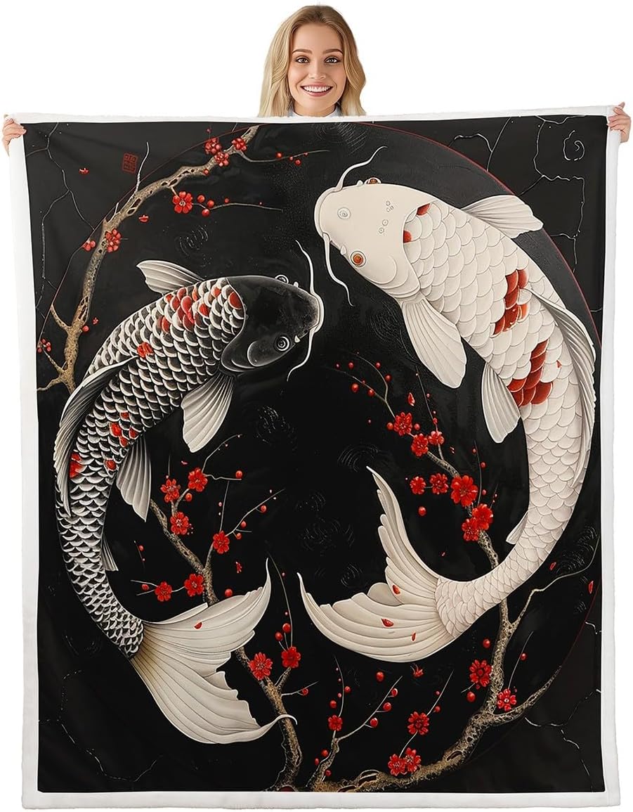 Erosebridal Ying Yang Koi Fish Fleece Blanket - Cozy Twin Size Sakura Design