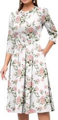Women's Floral Vintage Midi Dress with Pockets - Elegant 3/4 Sleeves