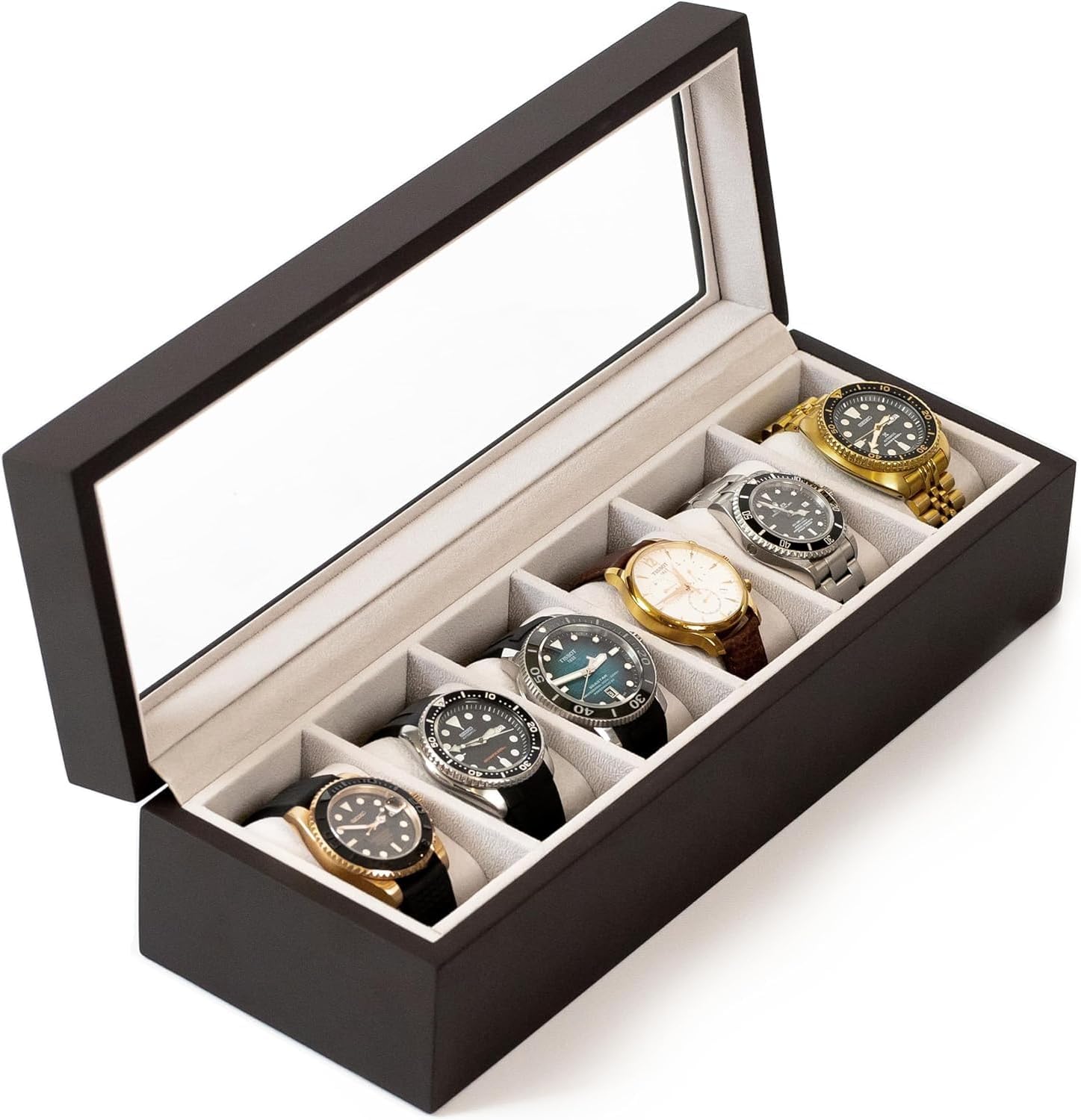 Solid Espresso Wood Watch Box - Glass Top Display