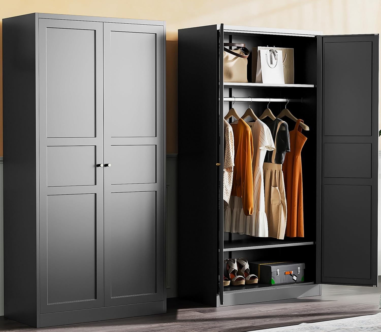 SISESOL Metal Wardrobe Cabinet with Adjustable Shelves and Doors