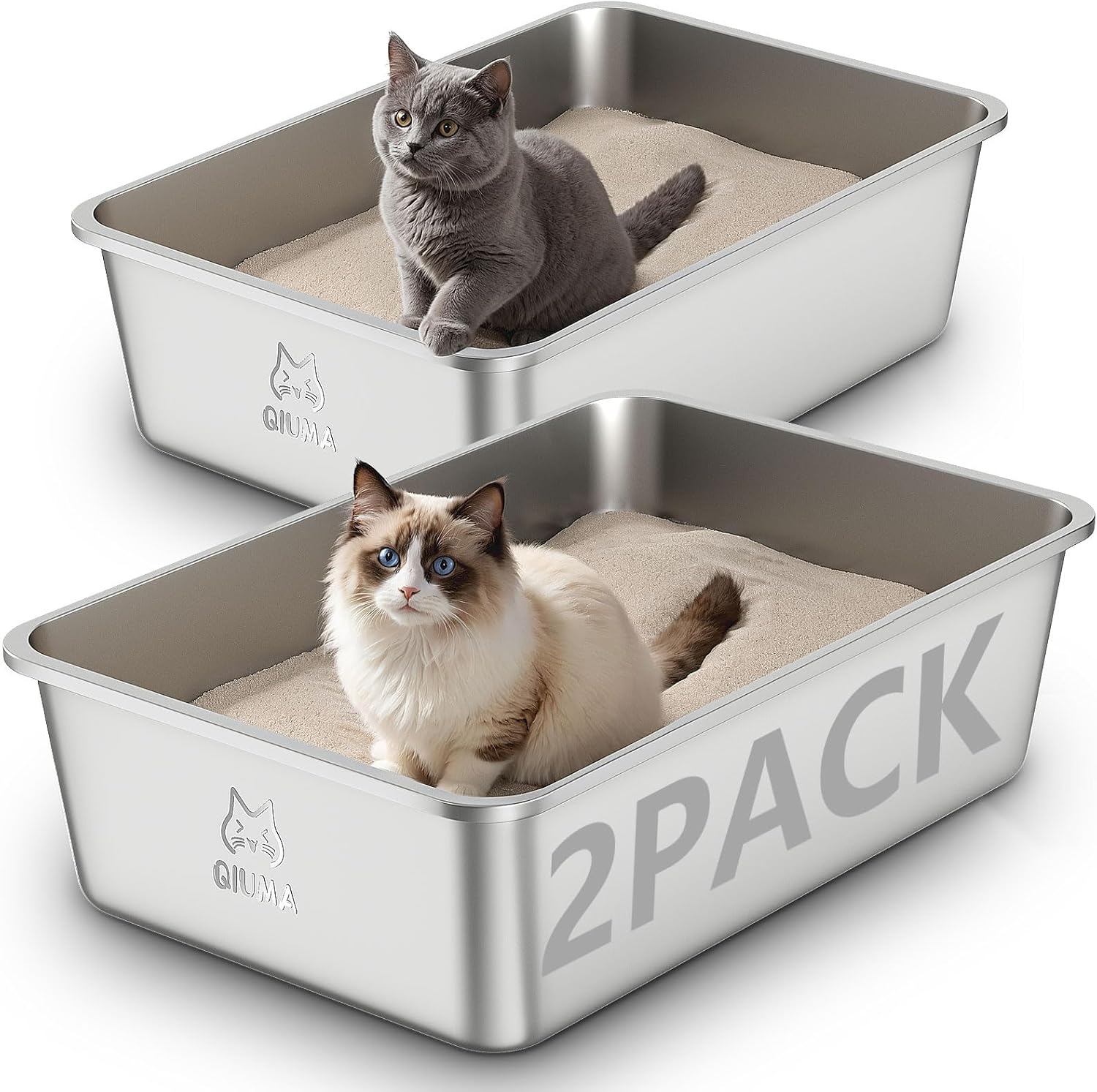 Spacious 2 Pack Stainless Steel Cat Litter Box for Big Cats