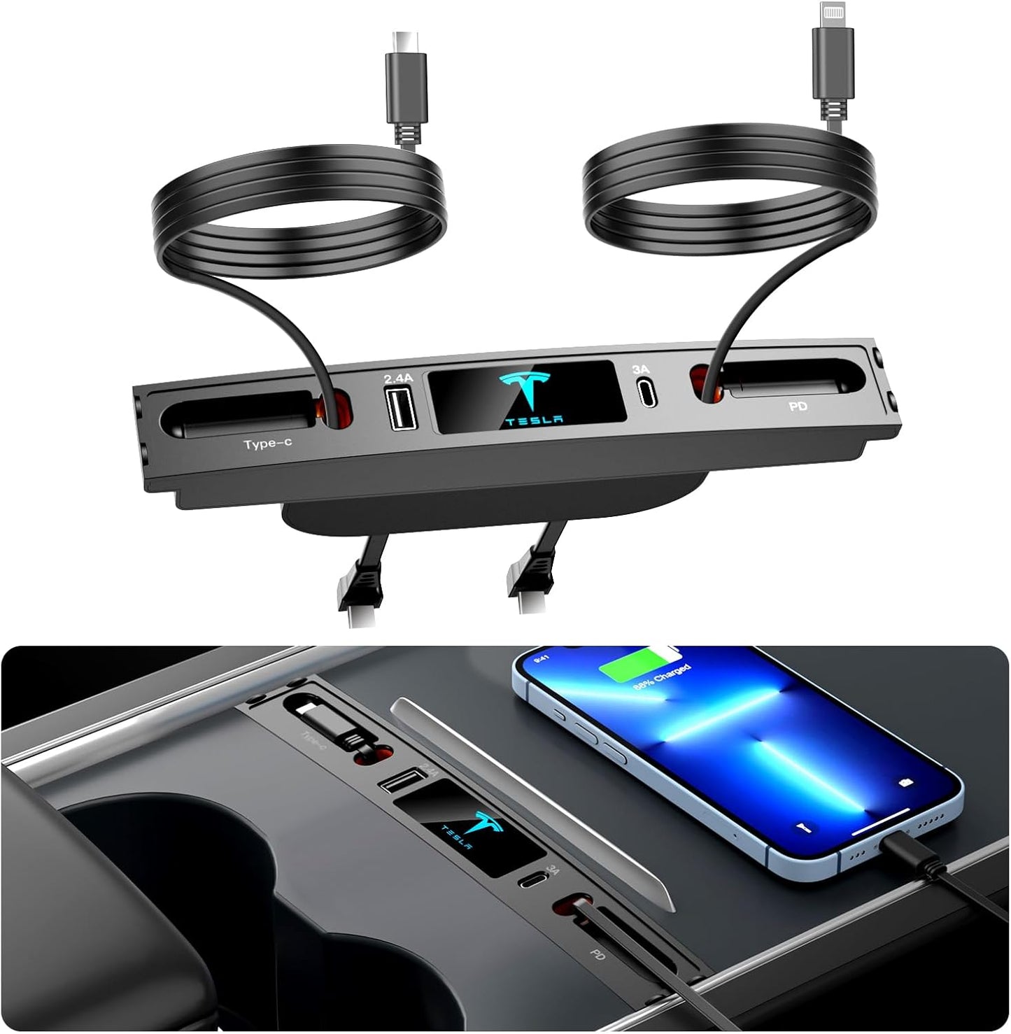 Tesla USB Charger: Logo, Retractable Cable, Multi Port