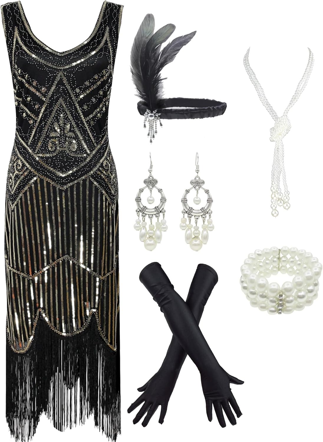 1920s Gatsby Sequin Fringed Flapper Dress with Accessories Set