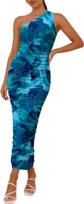 PRETTYGARDEN One Shoulder Bodycon Dress - Ruched Floral Midi Dresses
