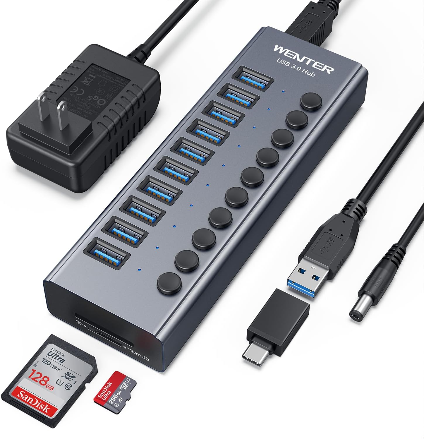 Powered USB 3.0 Hub with 10 Ports and Individual Switches