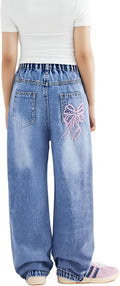Girl's Bow Print High Waist Wide Leg Denim Jeans - Comfortable Fit fly