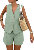 Women's Sleeveless 2 Piece Summer Set with V Neck Vest and Shorts