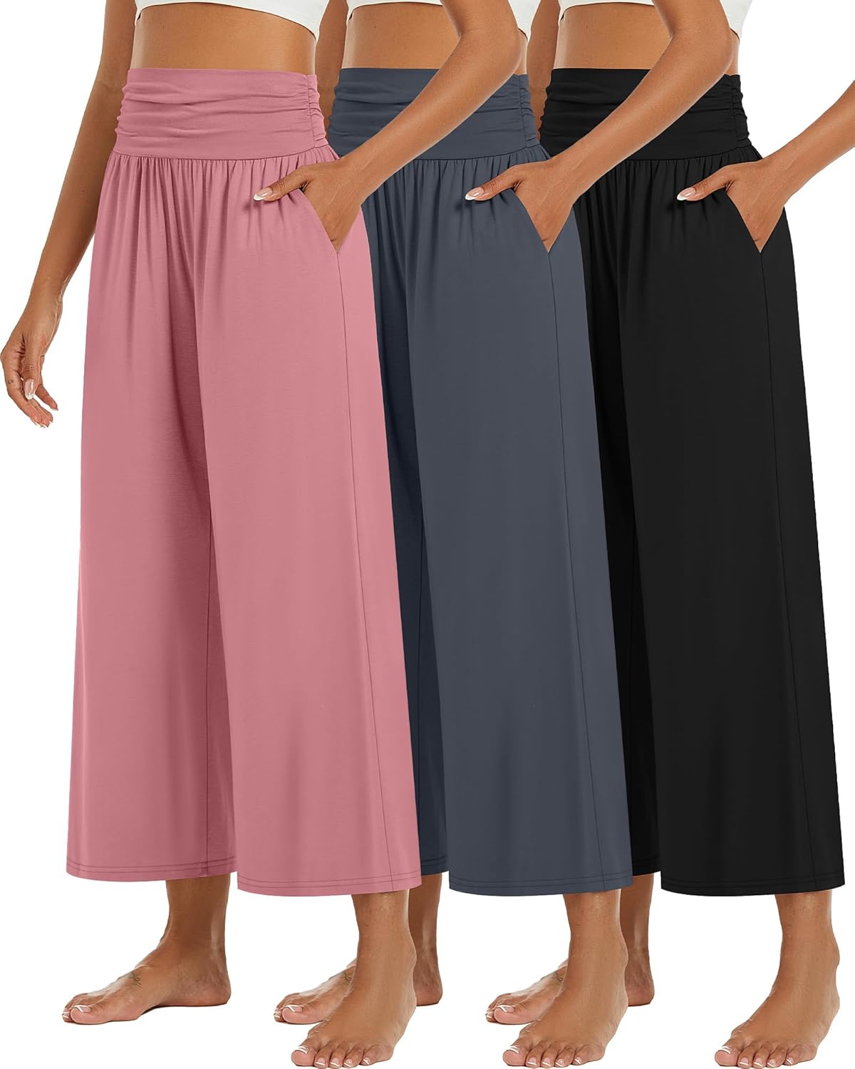 Huukeay Wide Leg Cropped Pants for Women with Pockets