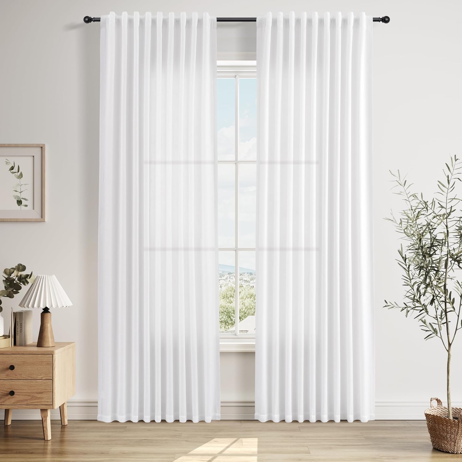 Nanspring White Back Tab Linen Curtains 84 Inches Long