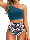 One Shoulder High Waisted Bikini Set - Tummy Control Two Piece Sets