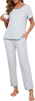 Womens Cotton Stripe Pajama Set 2 Piece Short Sleeve Lounge Set