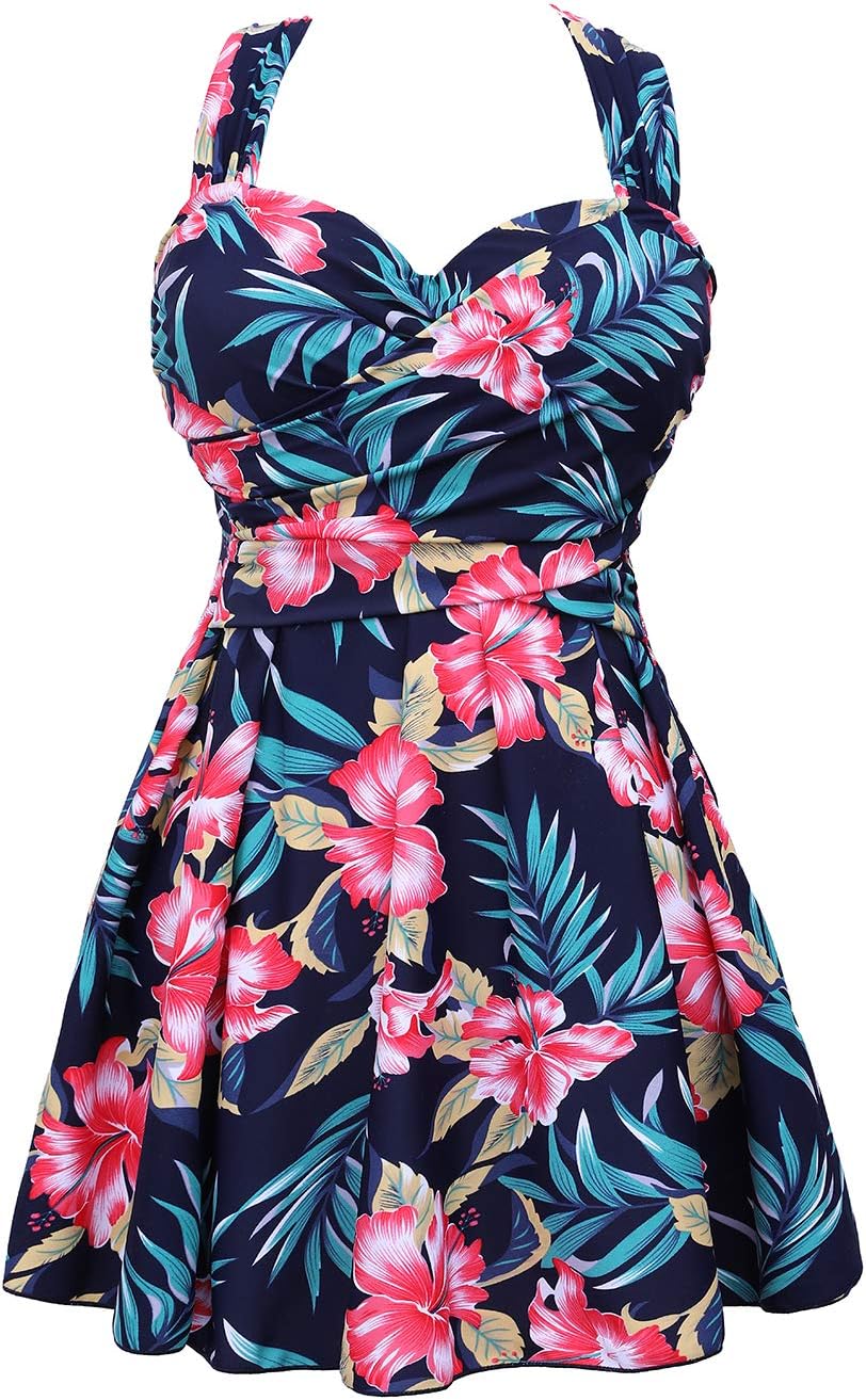 Elegant Crossover One Piece Swimdress for Women - Floral Design
