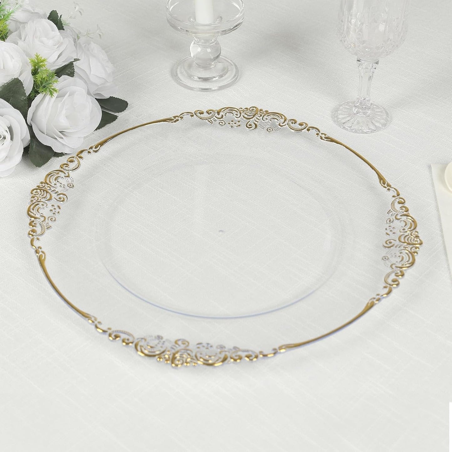 Set of 20 Elegant Gold Plastic Charger Plates - 13 Round with Embossed Rim