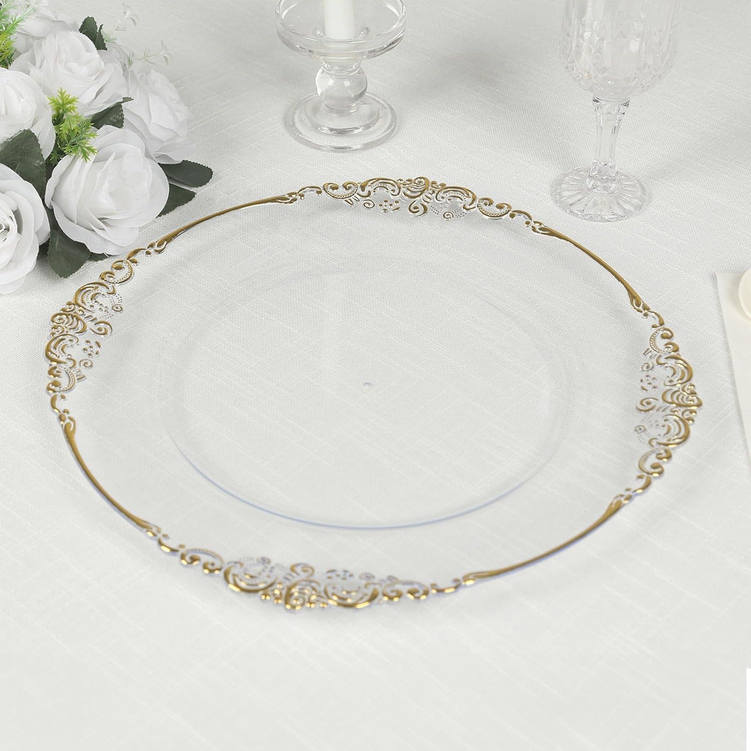 Set of 20 Elegant Gold Plastic Charger Plates - 13 Round with Embossed Rim