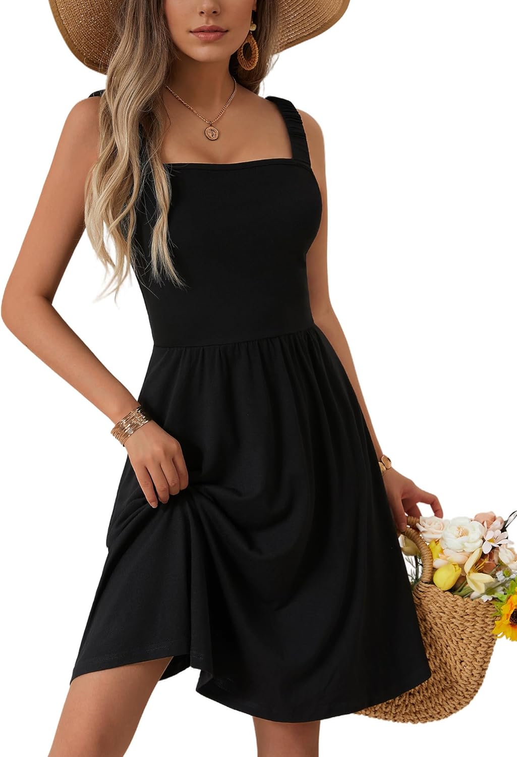 Stylish Women's Summer Casual Square Neck Dress with Pockets