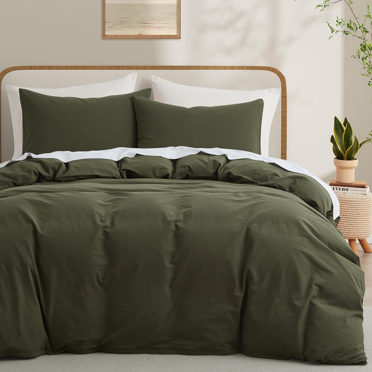 LOVQUE Olive Green Cotton Duvet Cover Queen Size for Cozy Bedding