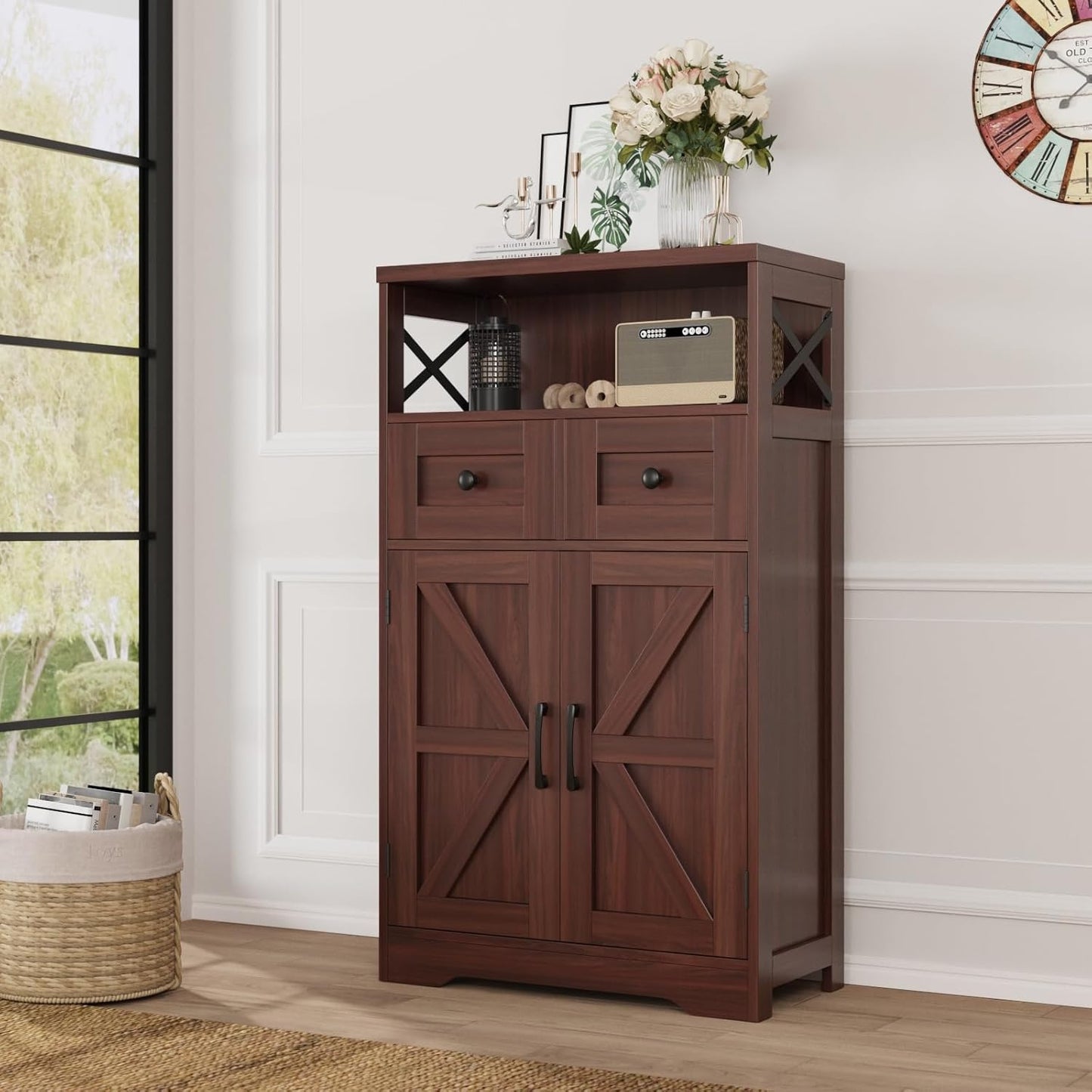 Dark Brown Storage Cabinet with Drawers and Shelves for Home