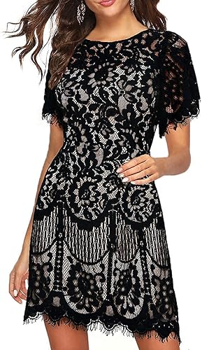 MSLG Women's Elegant Round Neck V-Back Floral Lace Dress