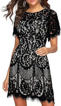 MSLG Women's Elegant Round Neck V-Back Floral Lace A-Line Dress
