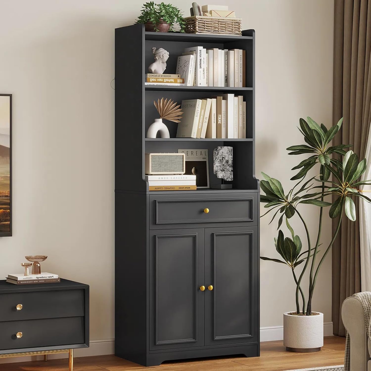 DICTAC Tall Black Bookcase with Drawers - Versatile Storage Solution