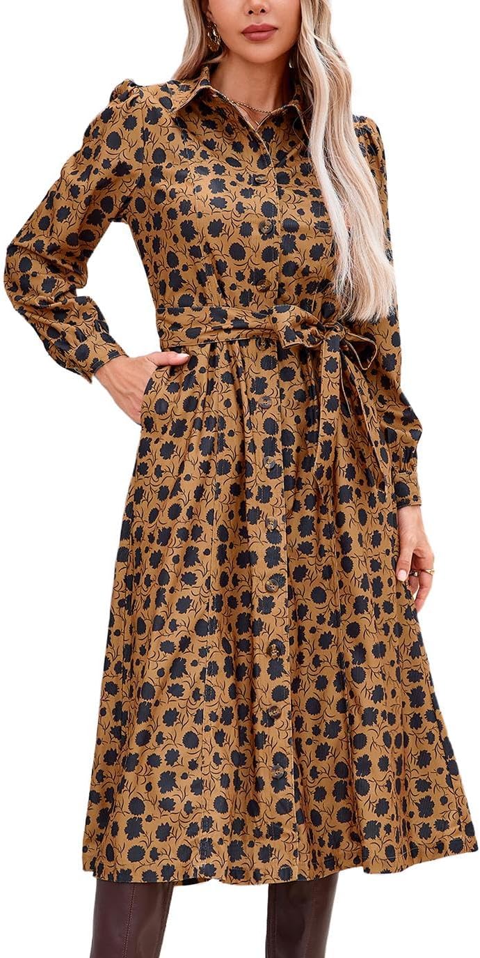 Women's Corduroy Maxi Dress with Long Sleeves and Belt