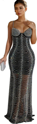 Rhinestone Sequin Heart Mesh Long Dress - Party & Club