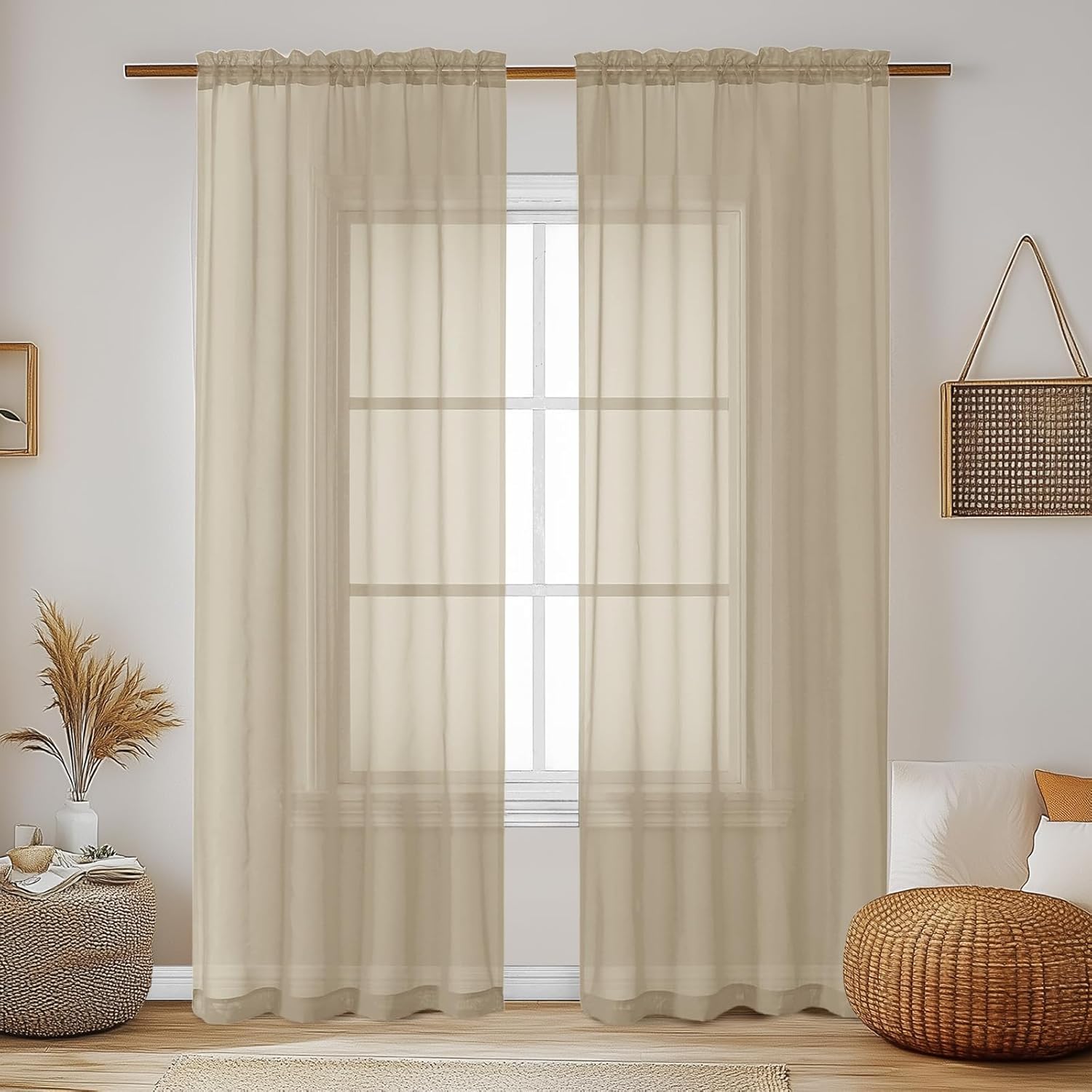 Light Filtering Taupe Sheer Curtains - 84 Long, 2 Panels