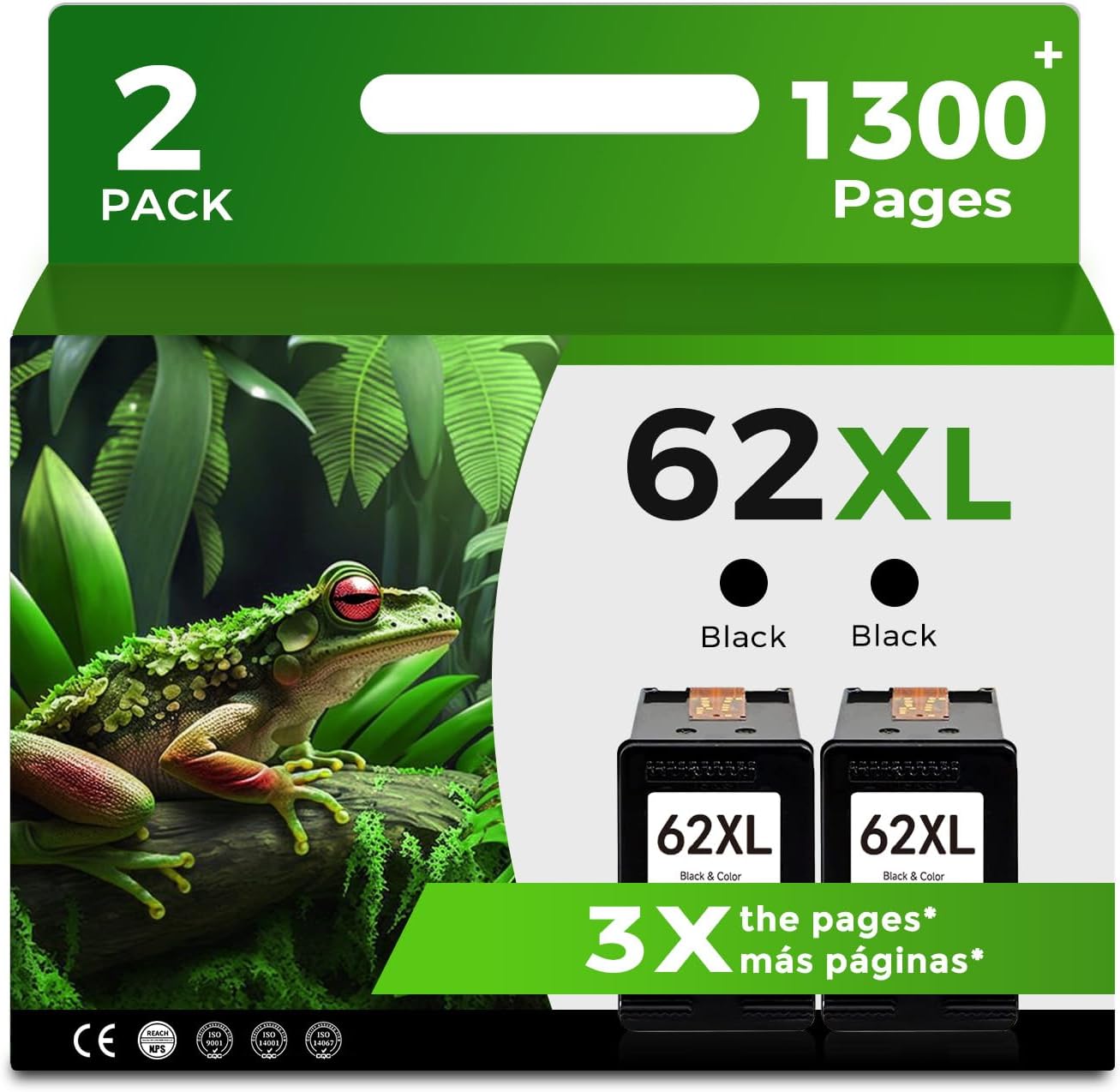 62XL Black Ink Cartridges Replacement for HP Printers - 2 Pack
