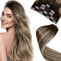 Human Hair Clip in Extensions Dark Brown Ombre Light Blonde - Natural