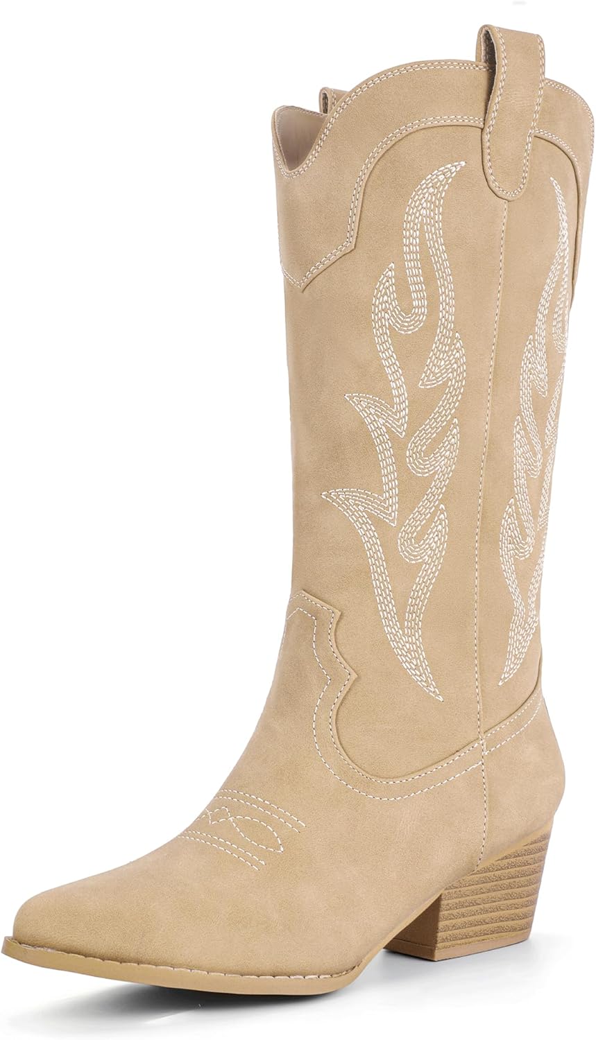 Cowboy Boots for Women Mid Calf Chunky Low Heel Stylish Design