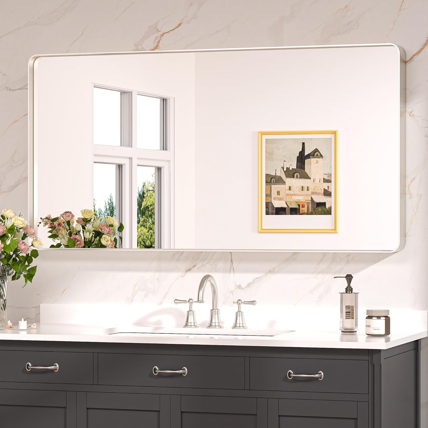Keonjinn Brushed Nickel Bathroom Mirror for Modern Elegance