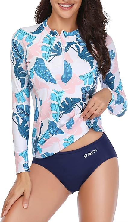 Daci Women 2 Piece Rash Guard Long Sleeve Zipper Bathing Suit