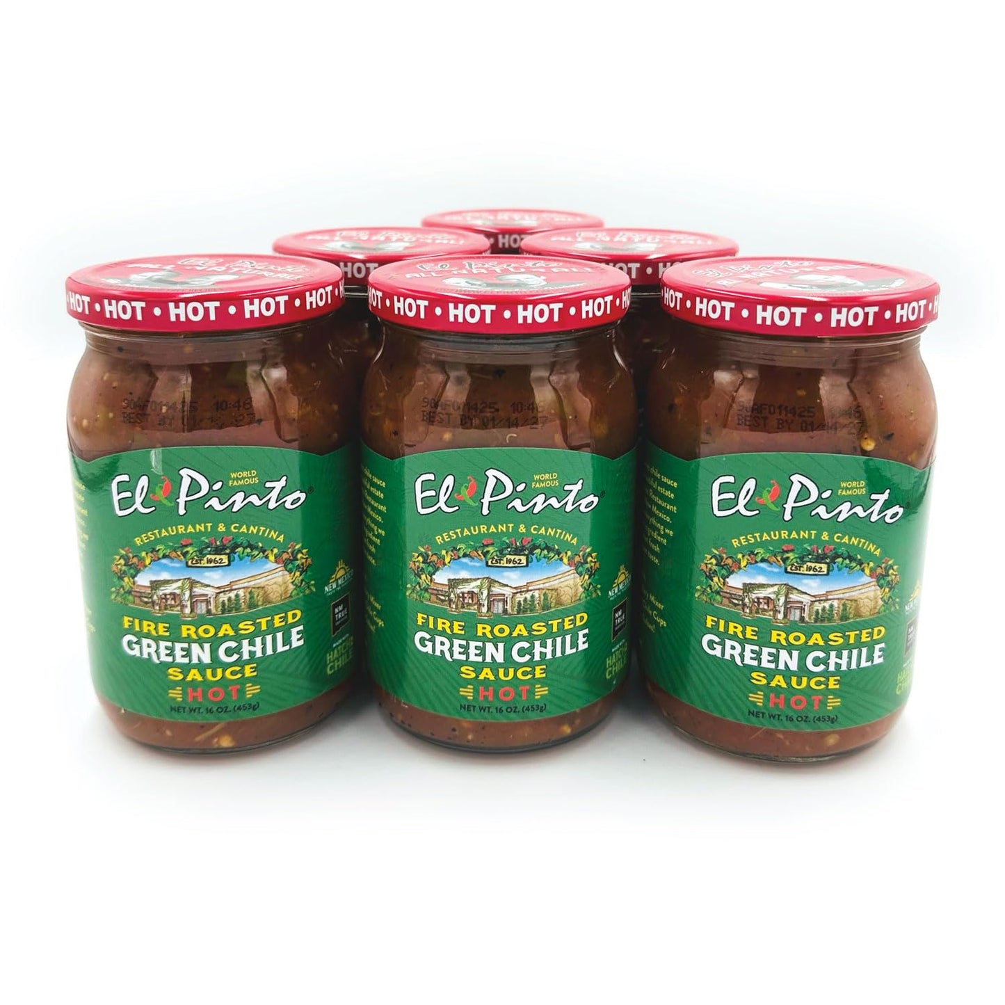 El Pinto All Natural Green Chile Sauce Hot - 16 Oz Pack of 6