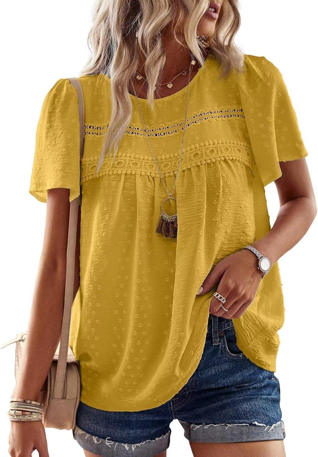 Womens Summer Tops Crewneck Short Sleeve Casual Chiffon Blouses