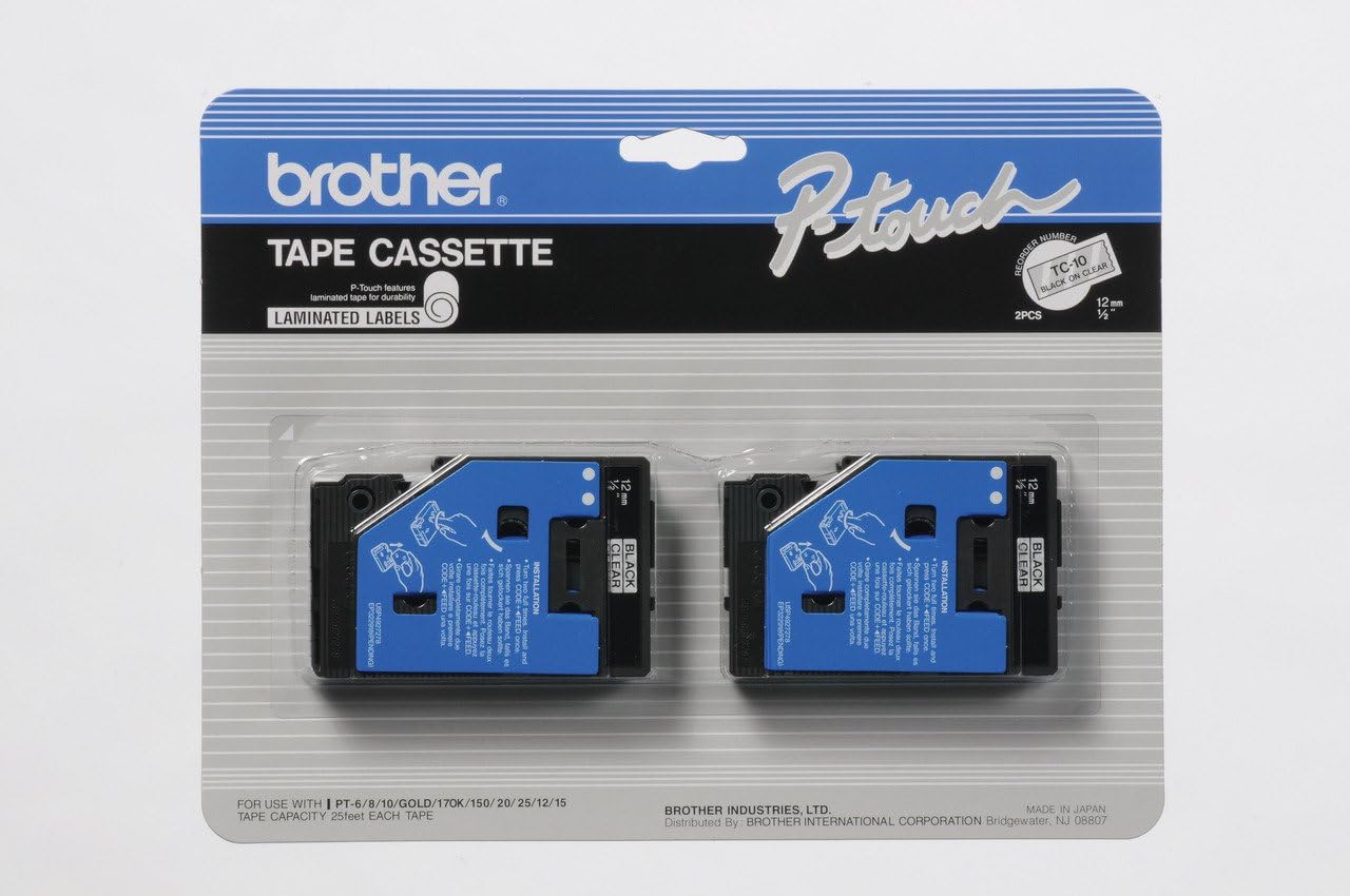 TC Tapes 2/Pack 1/2 in Black on Clear for Brother PT-III Label Maker