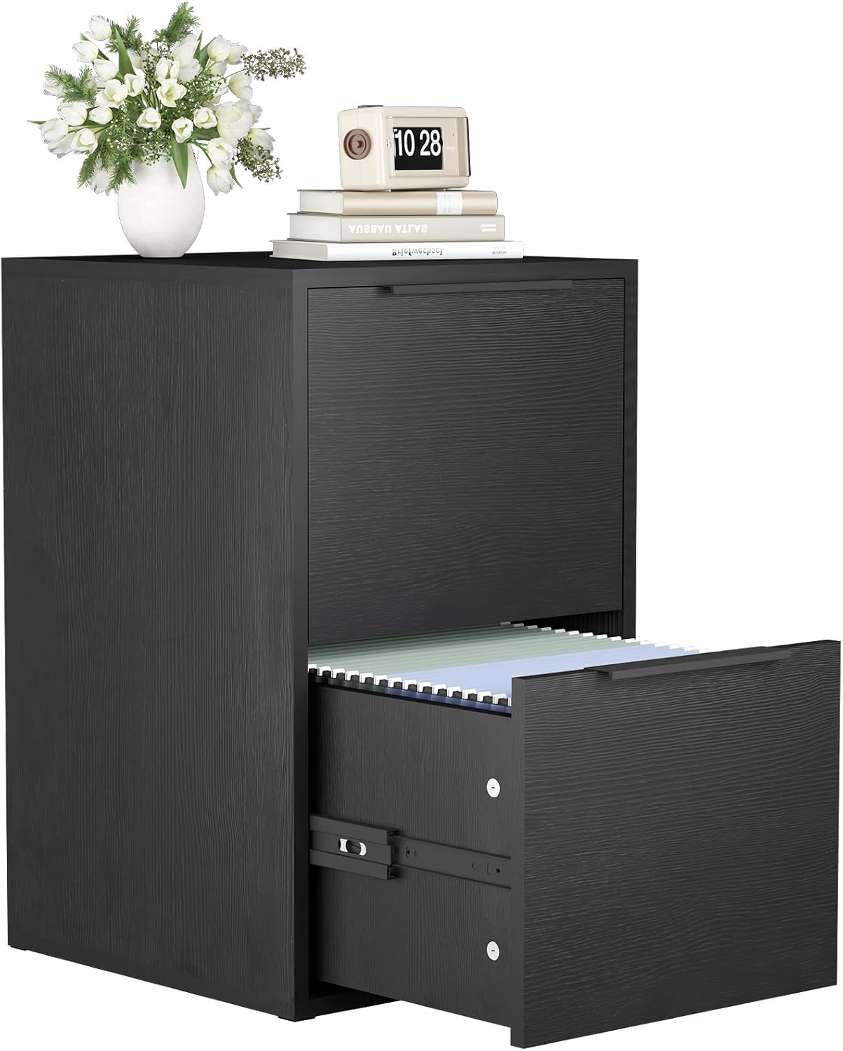 Two Drawer File Cabinet for Home Office, Stylish Black Wood