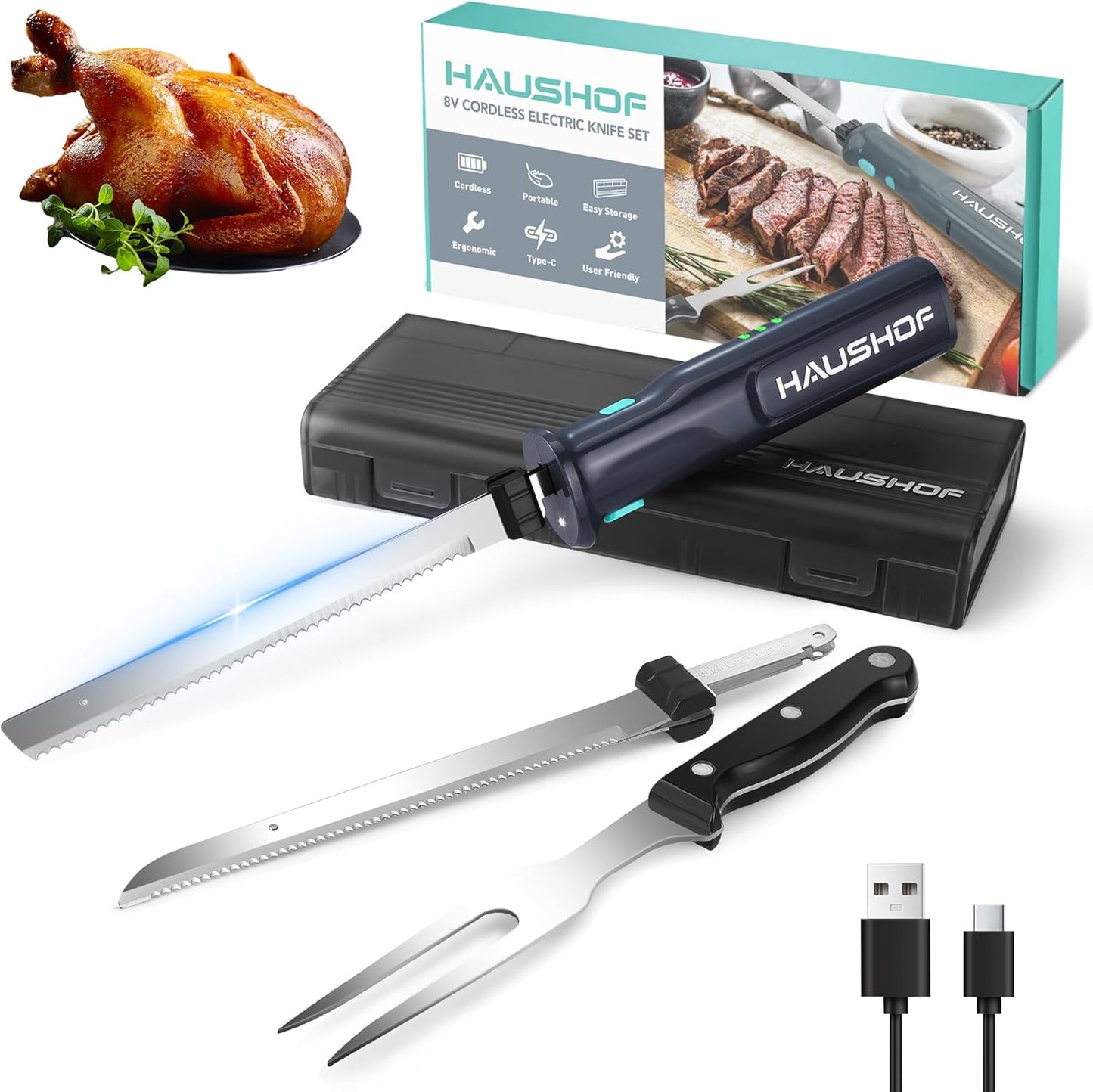 HAUSHOF Cordless Electric Knife Set for Effortless Meat Slicing