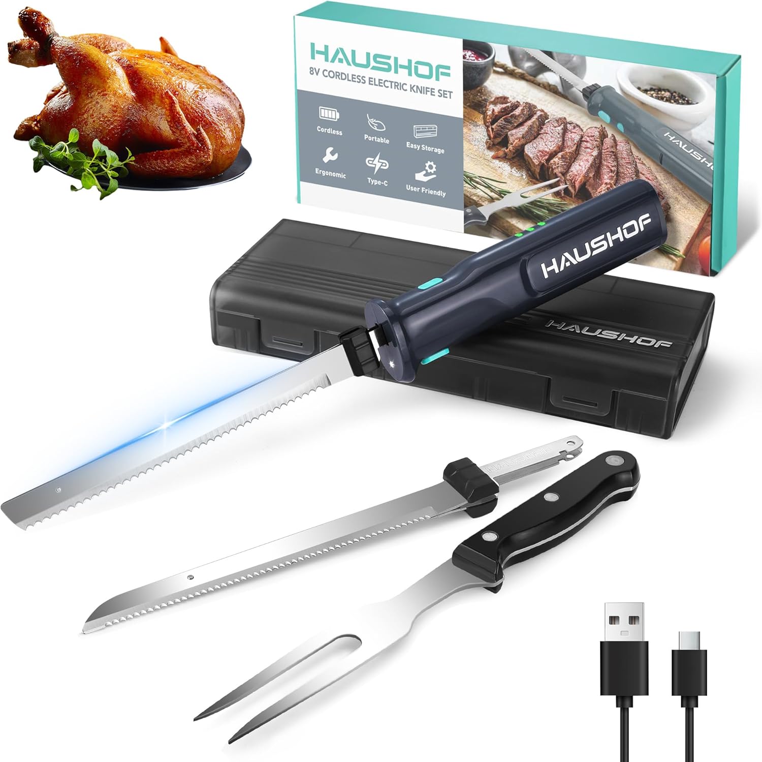 HAUSHOF Cordless Electric Knife Set for Effortless Meat Slicing