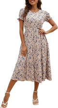 Women Floral Print Puff Sleeve Tiered A-Line Swing Midi Dress