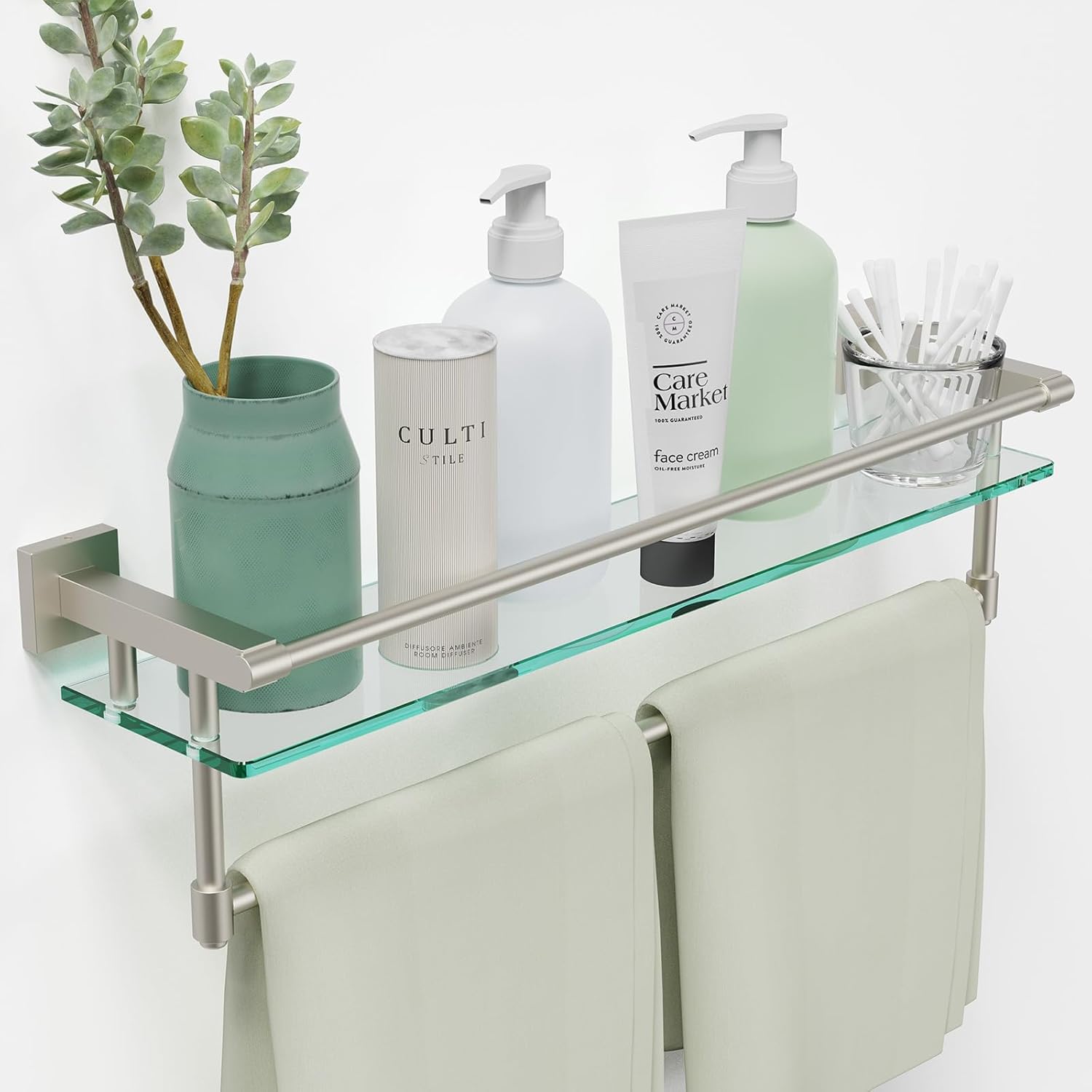 Bathroom Glass Shelf with Towel Bar for Modern Spaces