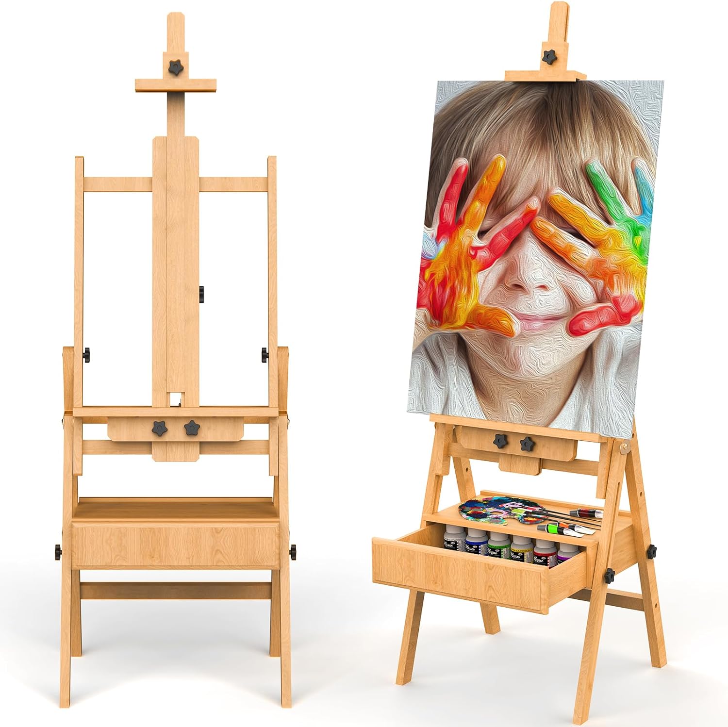 Large Wood H-Frame Easel with Storage Drawer for Artists