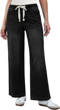 Wide Leg Jeans High Waisted Pull On Elastic Waist Drawstring